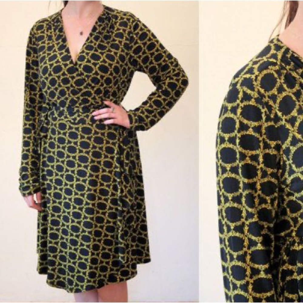Vicky Tiel Jersey Knit Chain Link Long Sleeve Wrap Dress B&W - Size Large